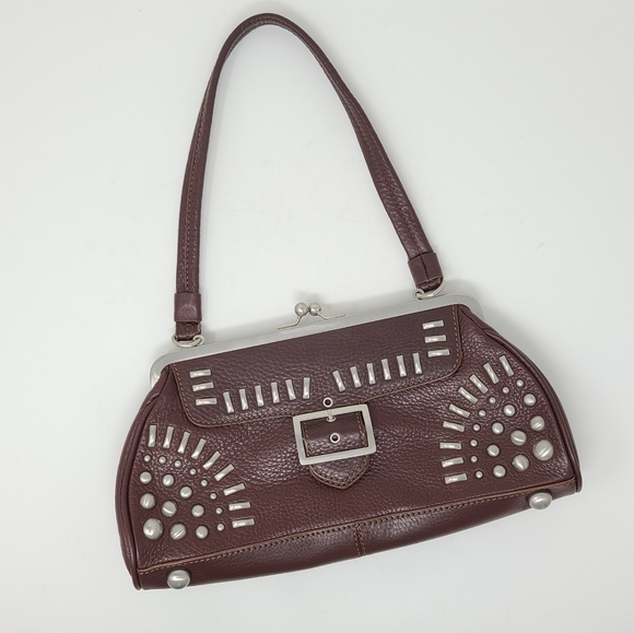 Vtg 90s Y2K Brown Leather Studded Short Strap Hand Shoulder Bag Animal Print - Picture 1 of 10